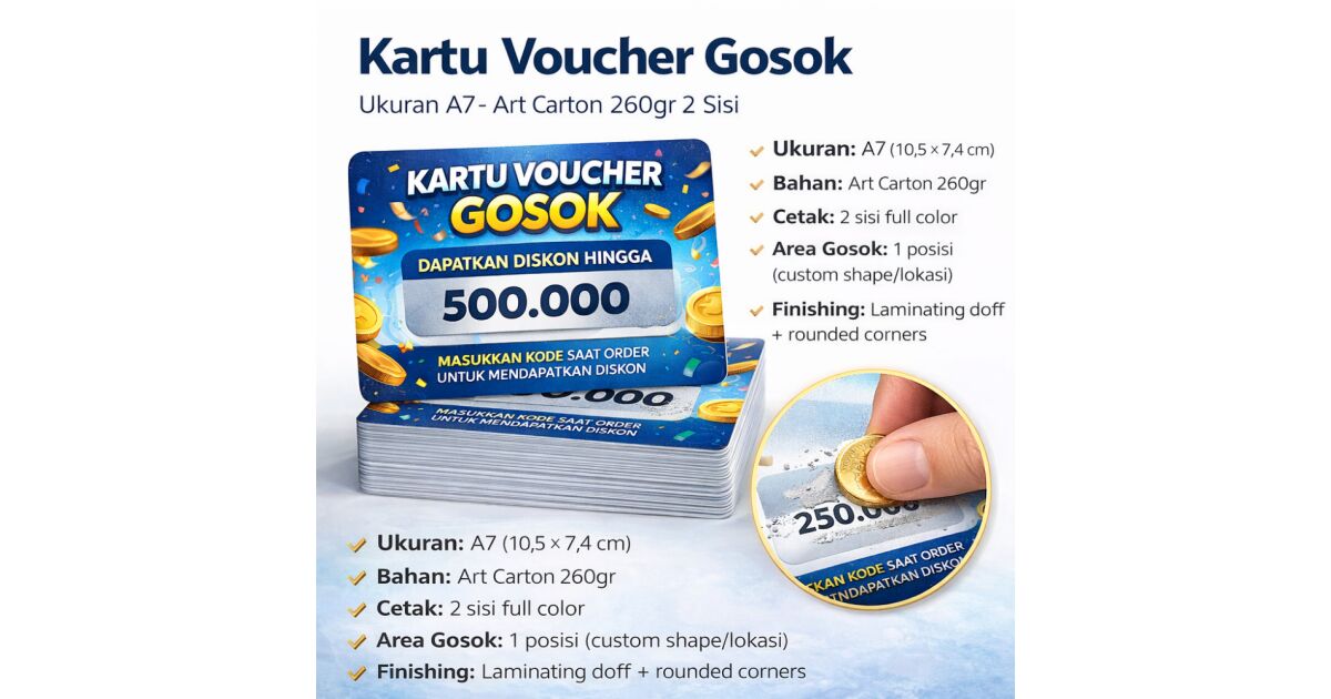 Cetak Voucher Gosok A7 Custom – Art Carton 260gr
