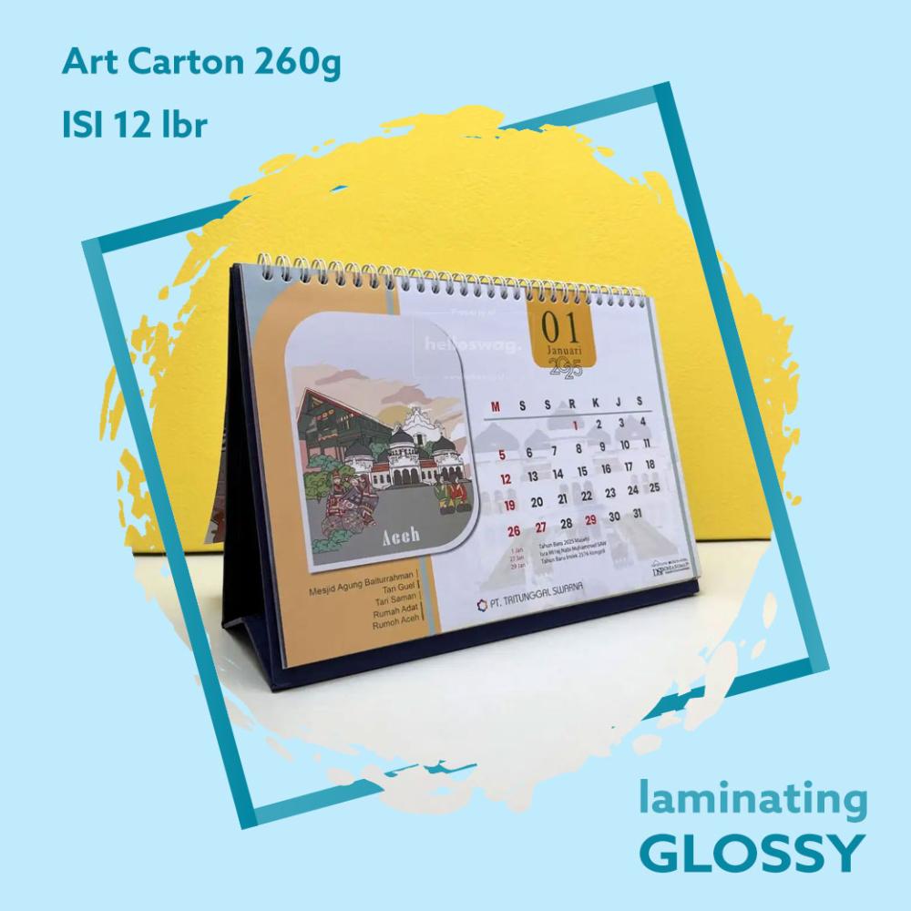 Kalender A5 210x150 Landscape, Isi 12 lbr, Art Carton 260g 2 Sisi Laminating Glossy